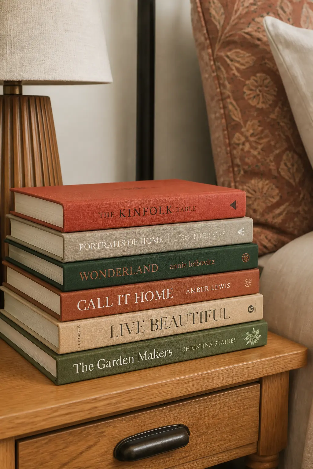 Bedside Stack of Books With Warm Spines
