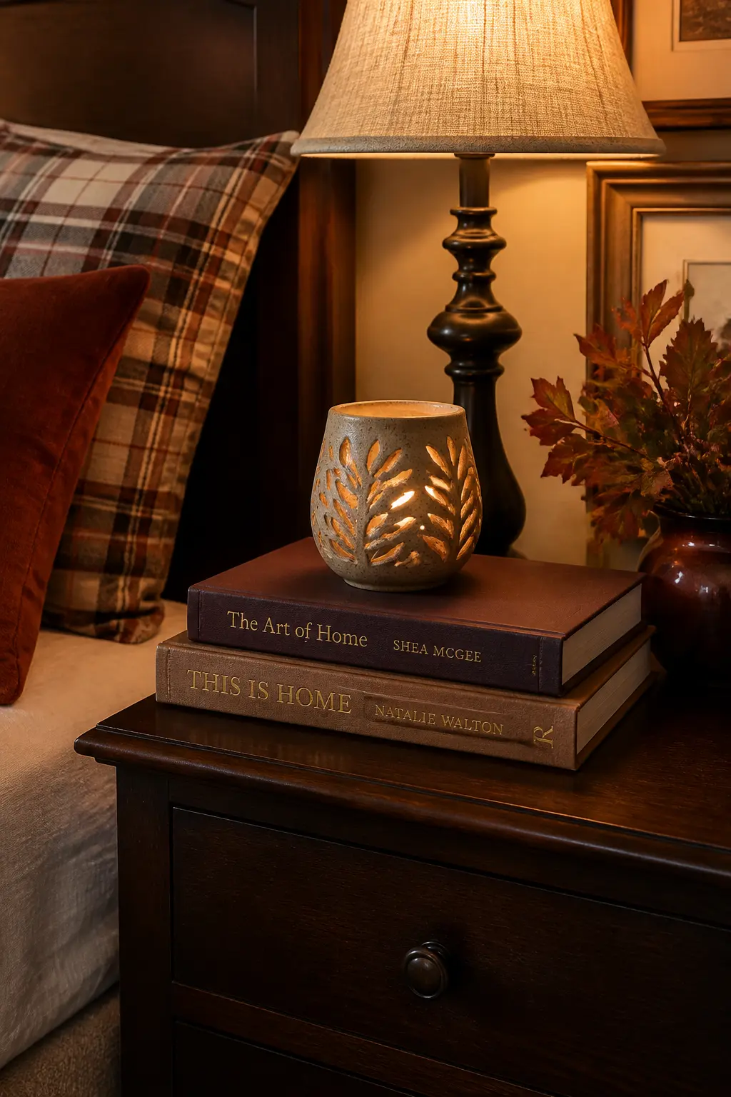 Books Stacked on the Nightstand as a Riser for a Small Object