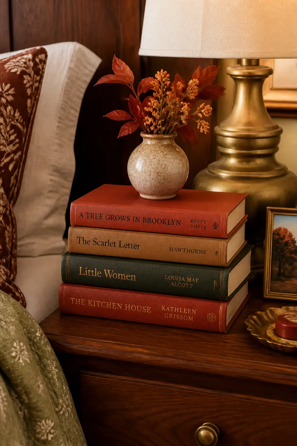 Books With Warm-Toned Spines Stacked on the Nightstand