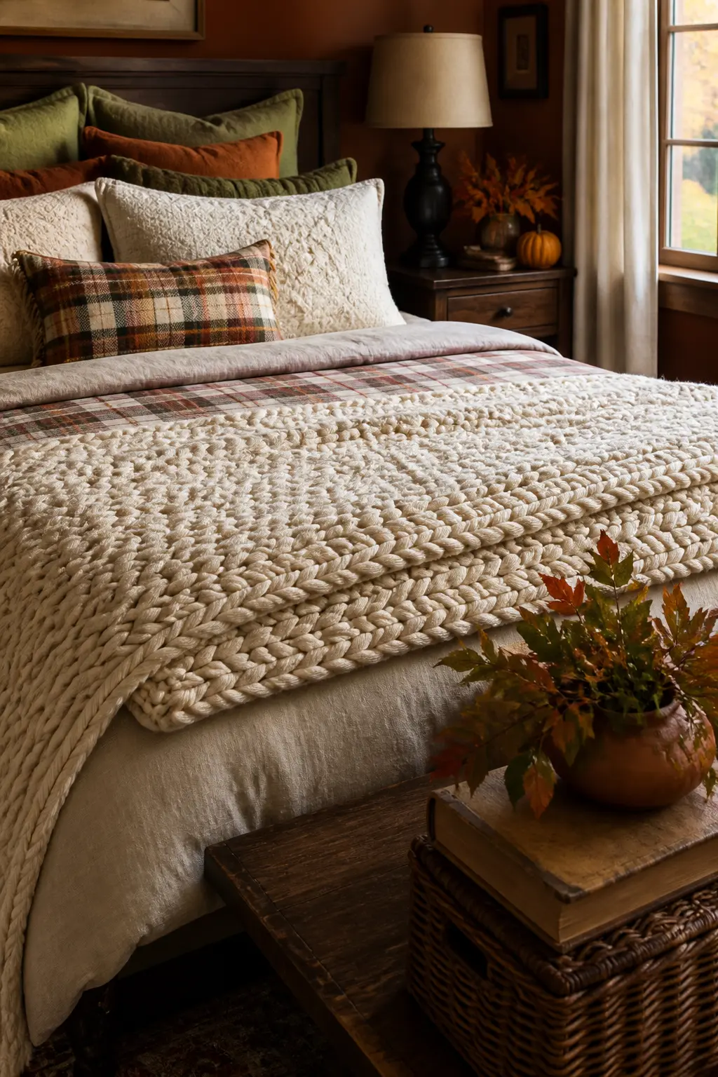 Chunky Knit Throw Folded at the Foot of the Bed