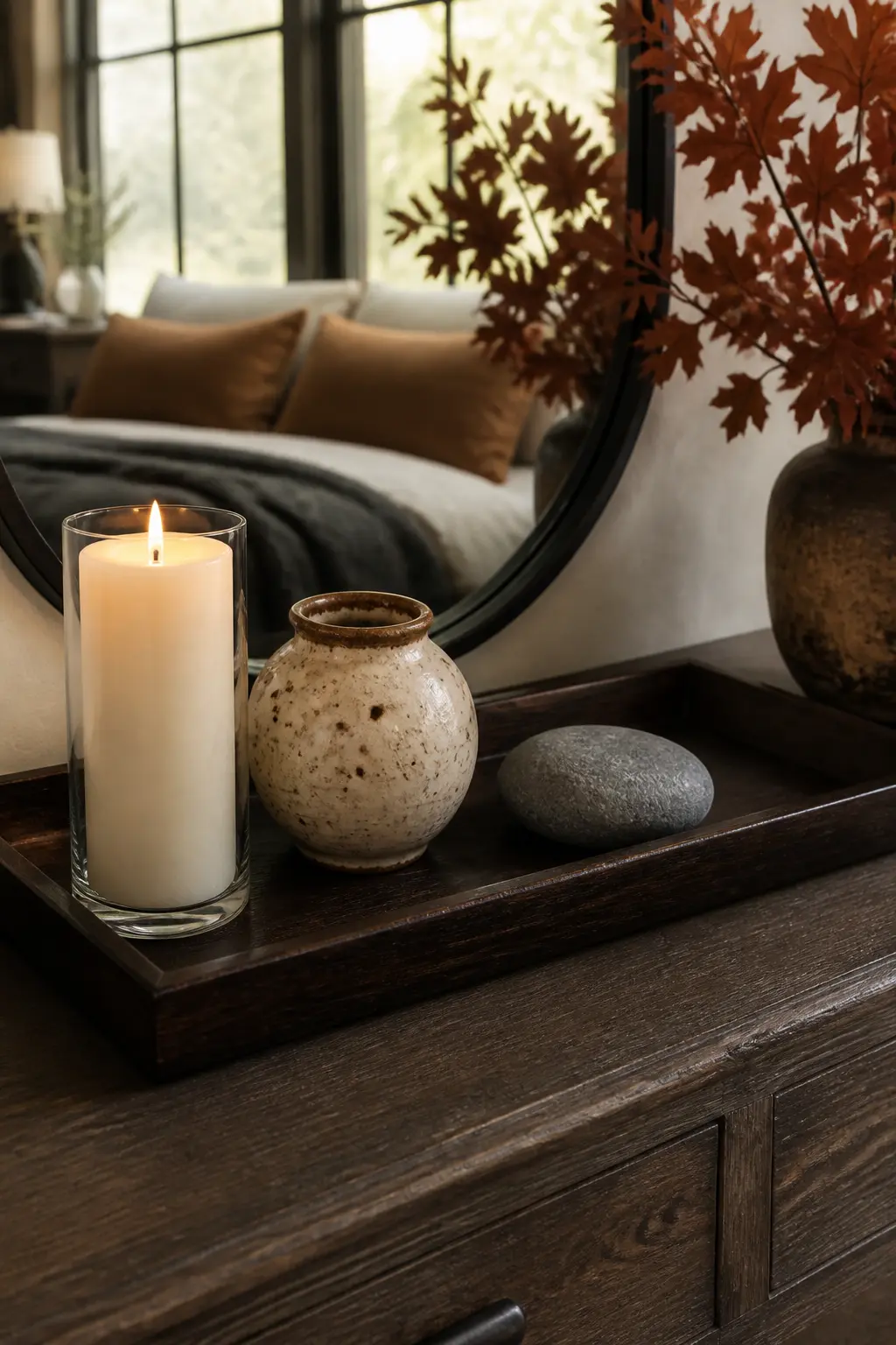 Dark Wood Tray on the Dresser Holding Three Objects