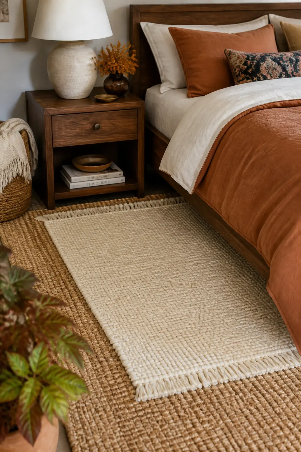 Layered Rug at the Bedside for Bare Feet