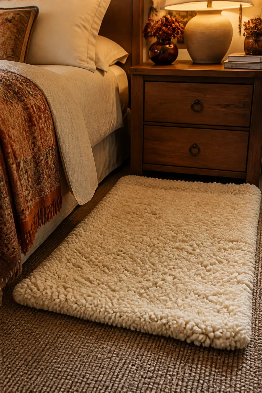 One Heavier Rug Layered at the Bedside for Cold Mornings