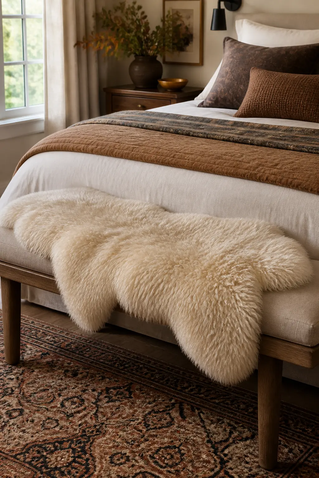 Sheepskin Laid Across the Bench at the Foot of the Bed