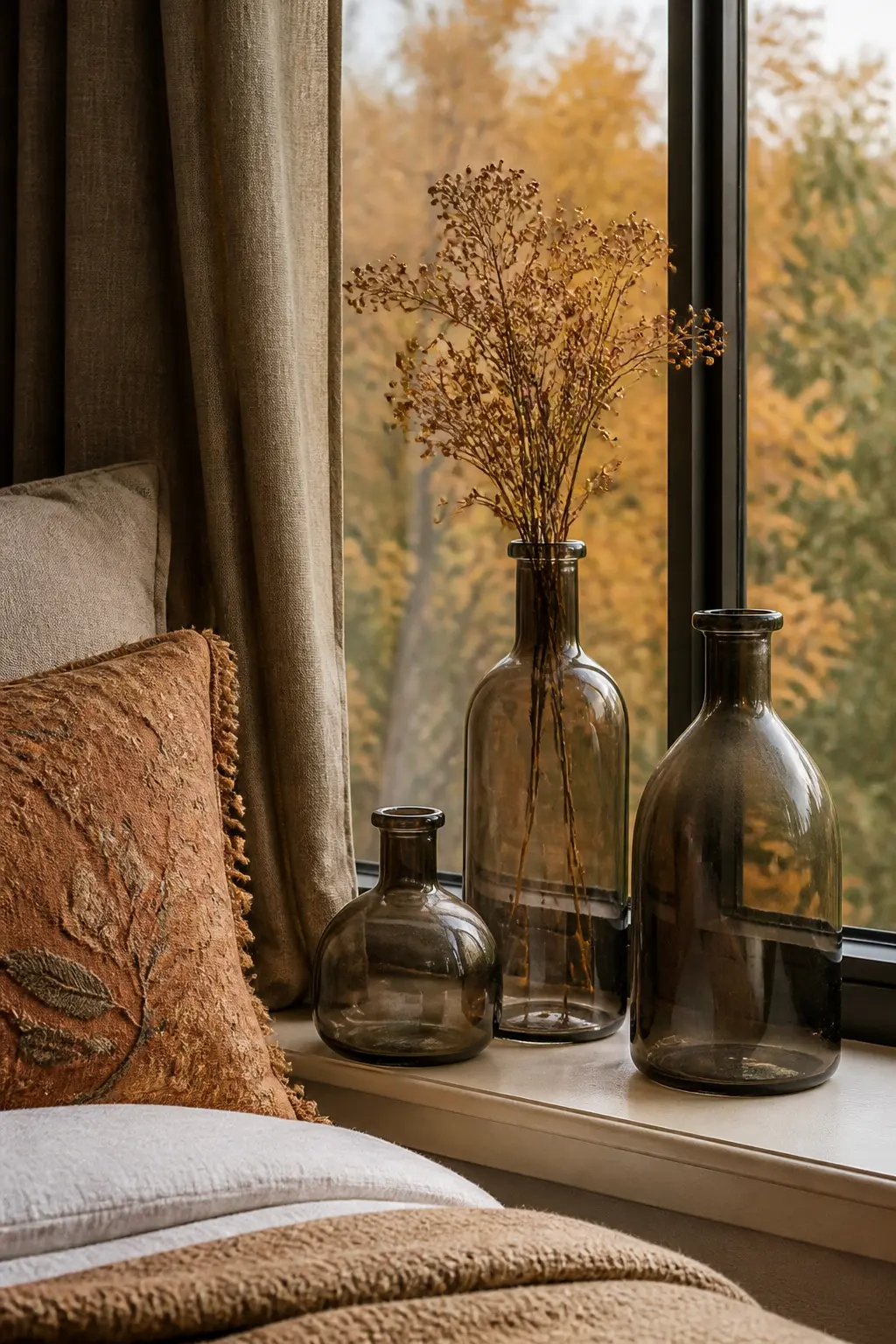 Smoked Glass Bottles Grouped on the Windowsill