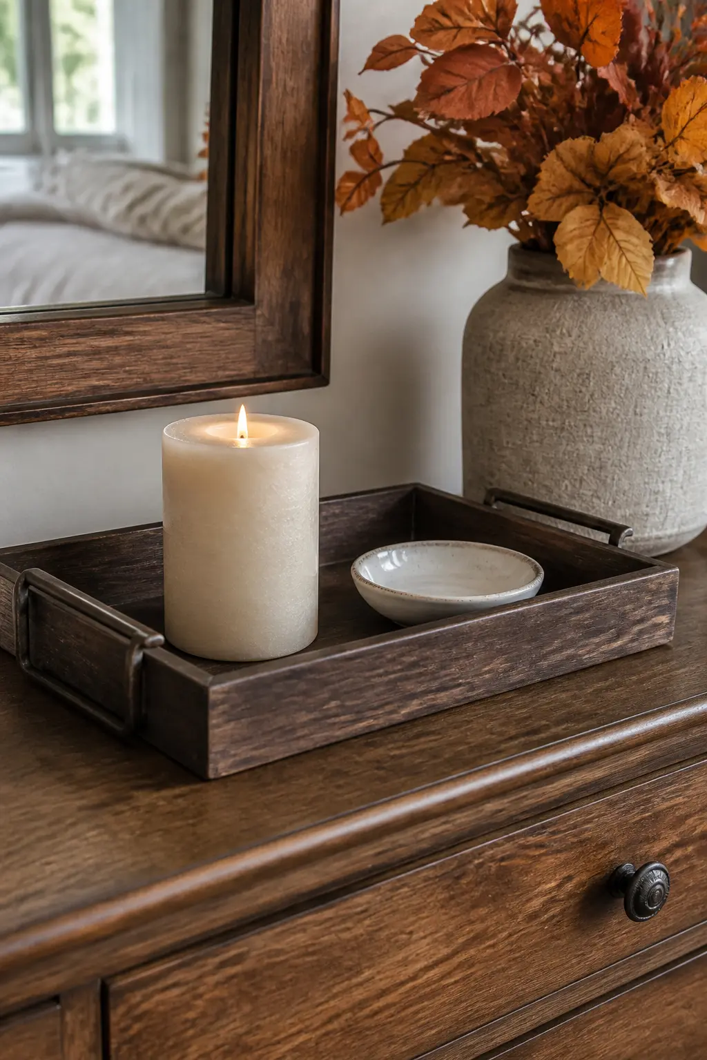 Wooden Tray on the Dresser Holding a Candle and a Small Dish