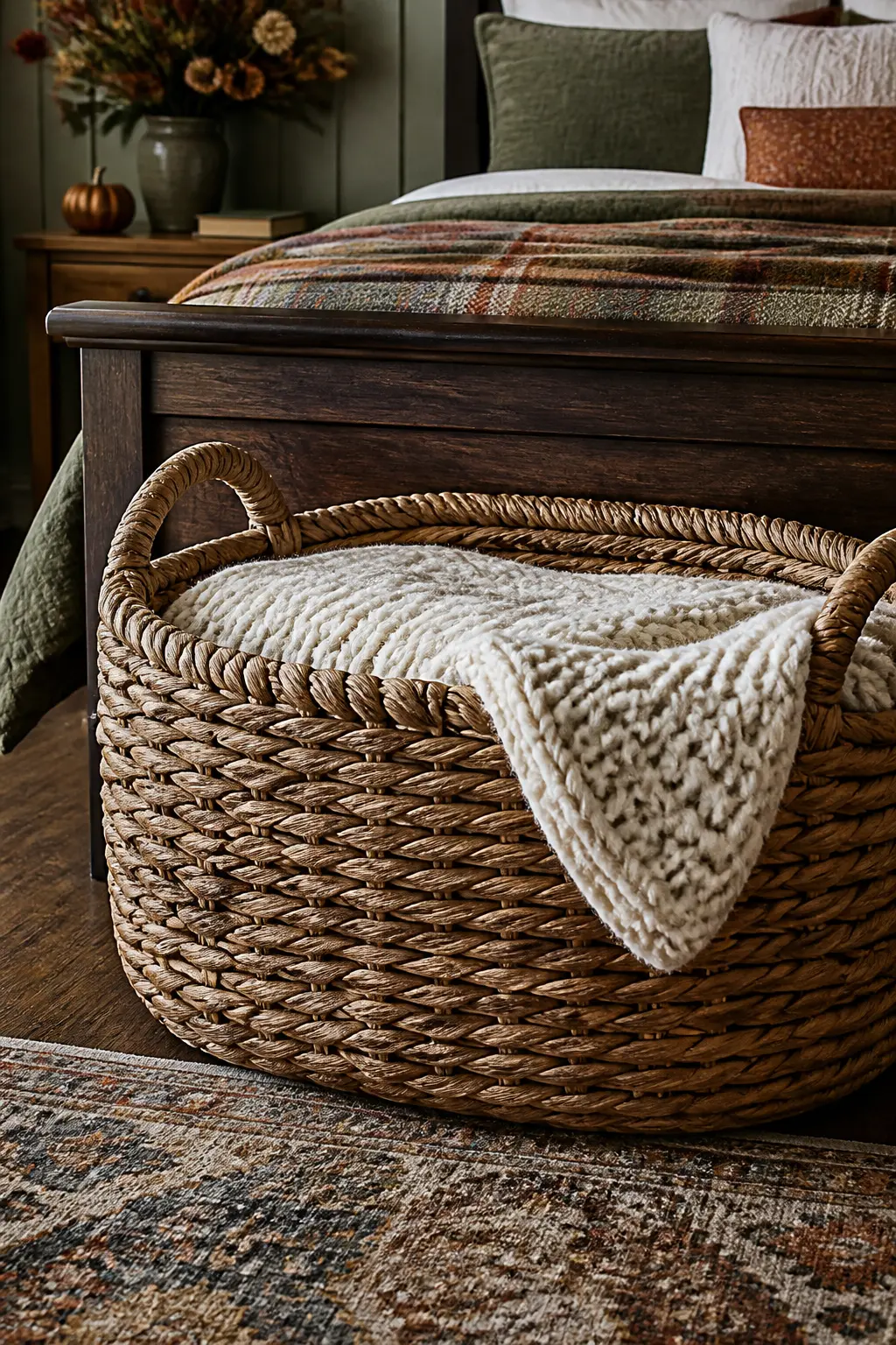 Woven Basket at the Foot of the Bed for Extra Blankets