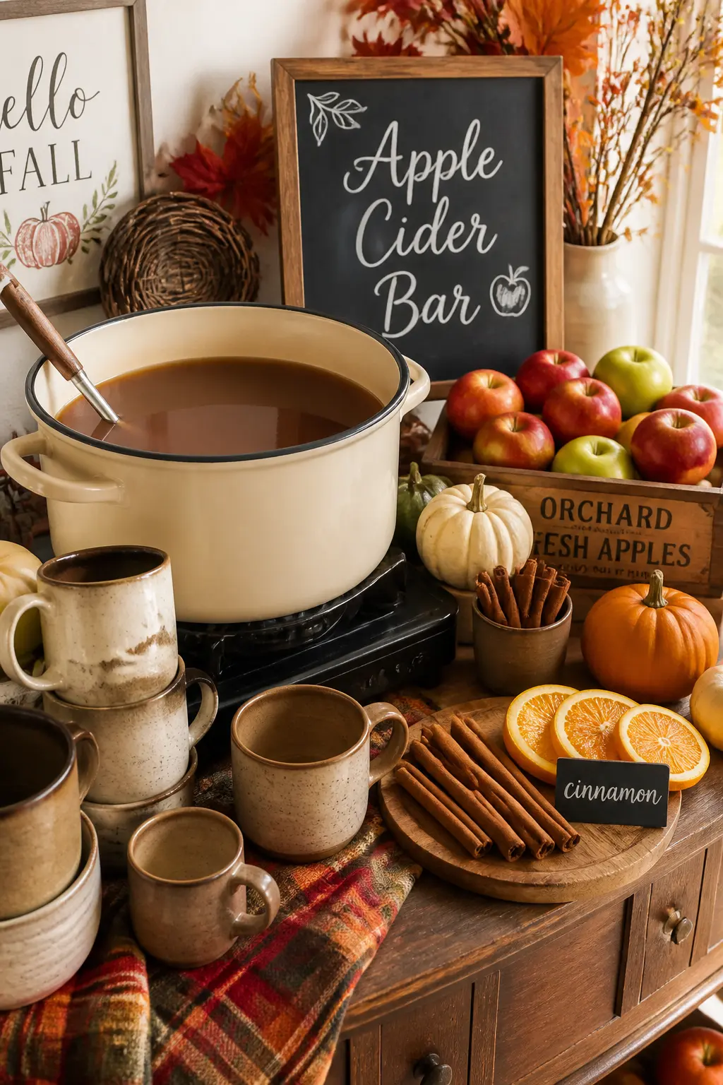Apple Cider Bar With Warm Mugs and Cinnamon Sticks