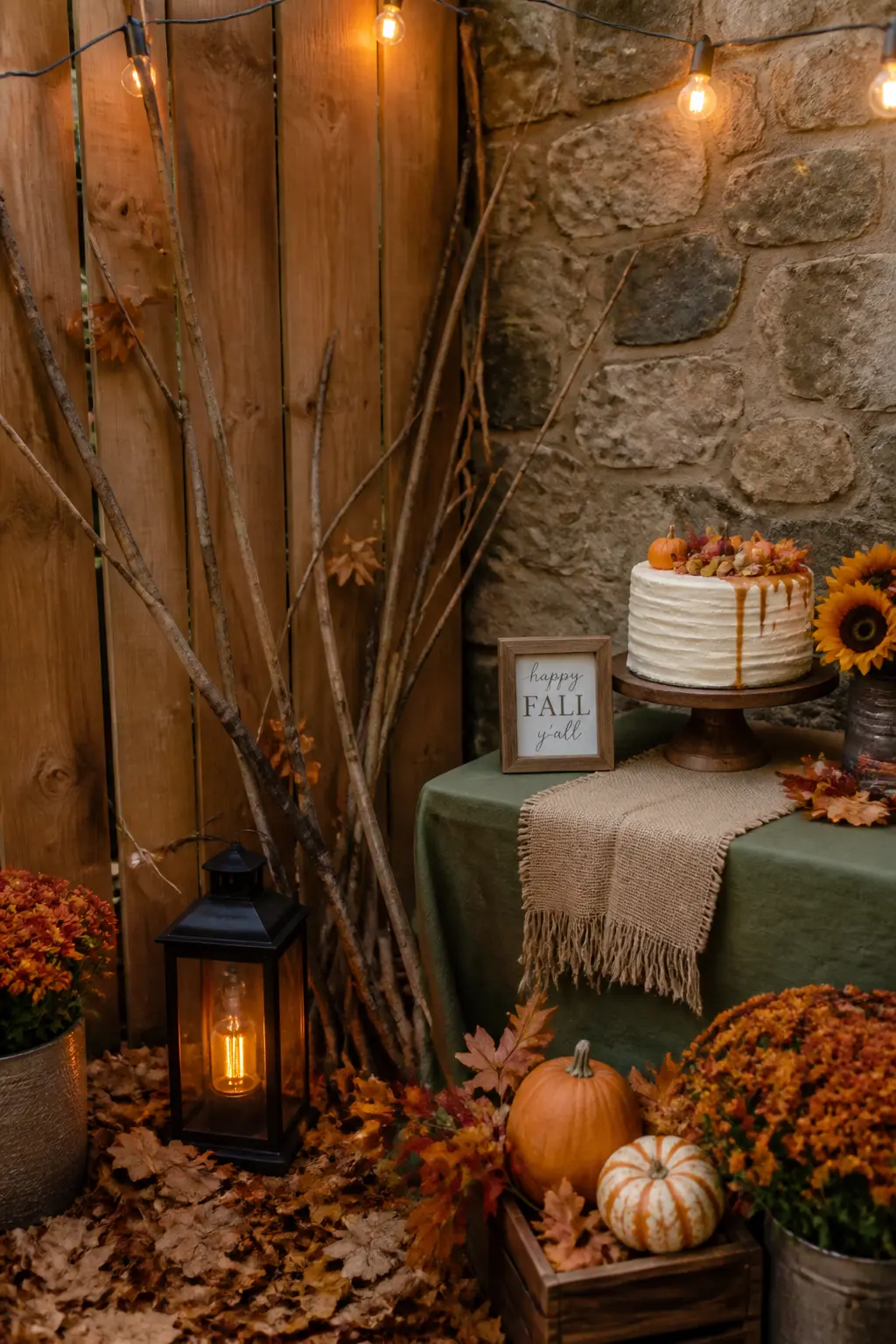 Autumn Photo Corner With Branches and a Warm Lamp
