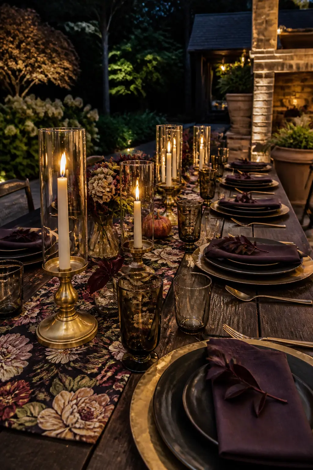 Brass Candles and Smoked Glassware as Place Settings