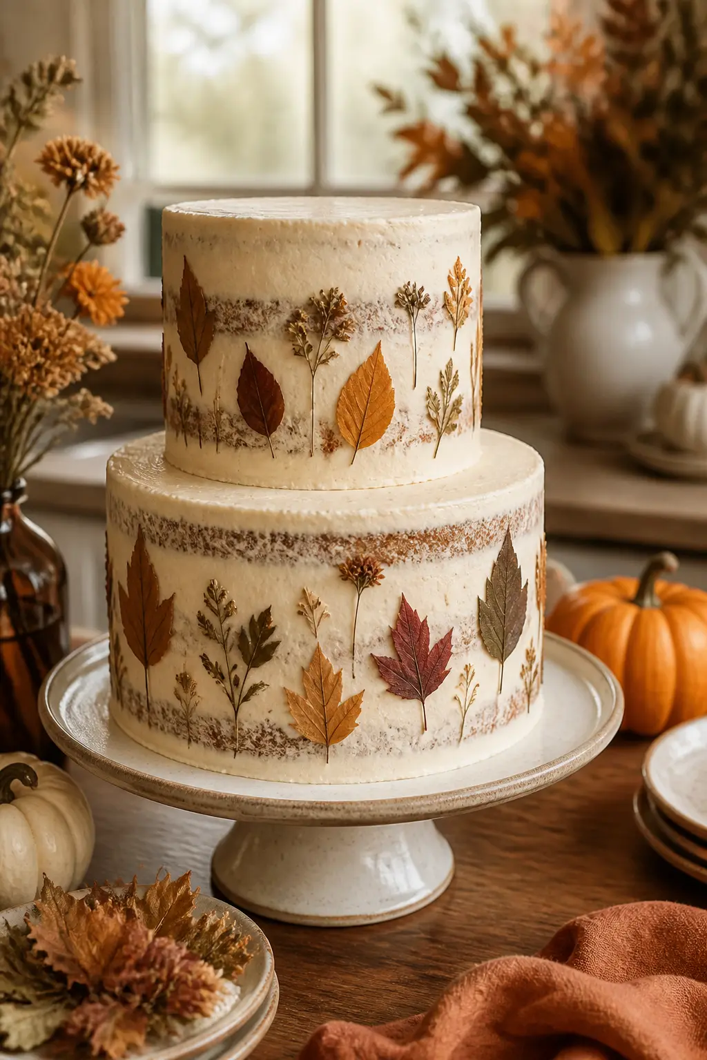 Cake Decorated With Pressed Leaves or Dried Florals
