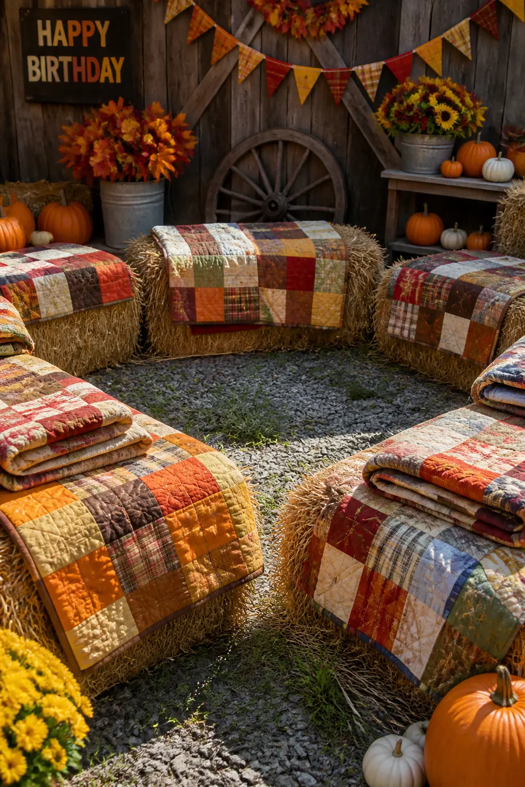 Hay Bale Seating With Folded Quilts