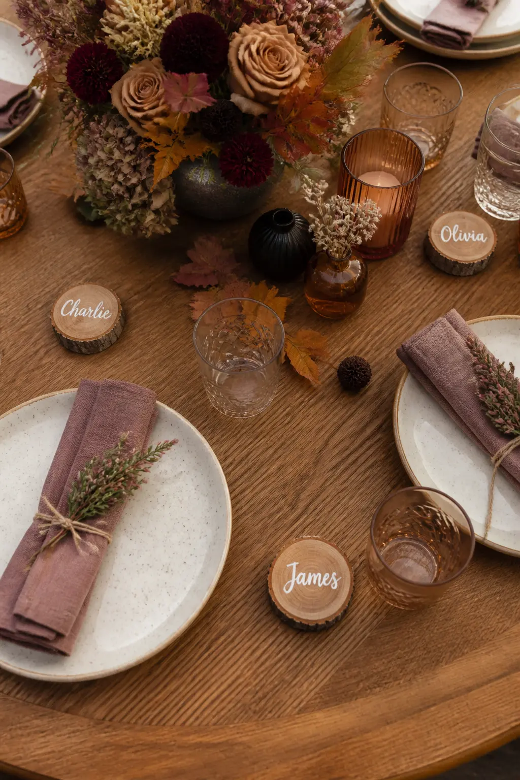 Wooden Slice Place Cards for a Seated Meal