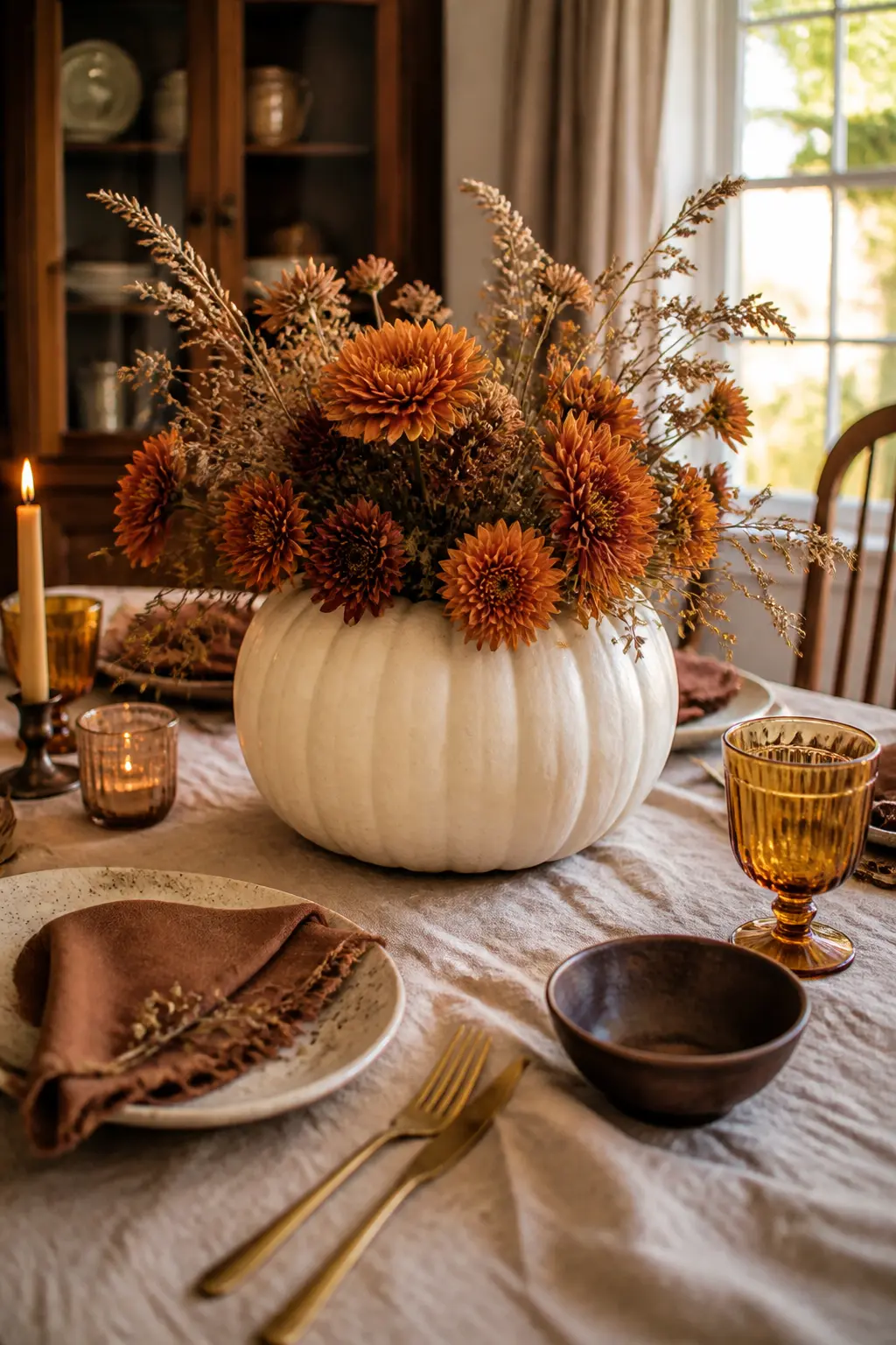 Pumpkin-Vase Centerpiece — A large white Cinderella pumpkin sits at the center of a long dining table. Fall centerpiece ideas