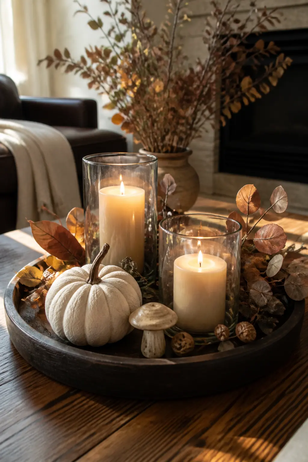 Round Tray Candle and Botanical Cluster — A large round tray, painted dark or in natural raw wood, holds a grouping of five objects: two tall glass hurricanes