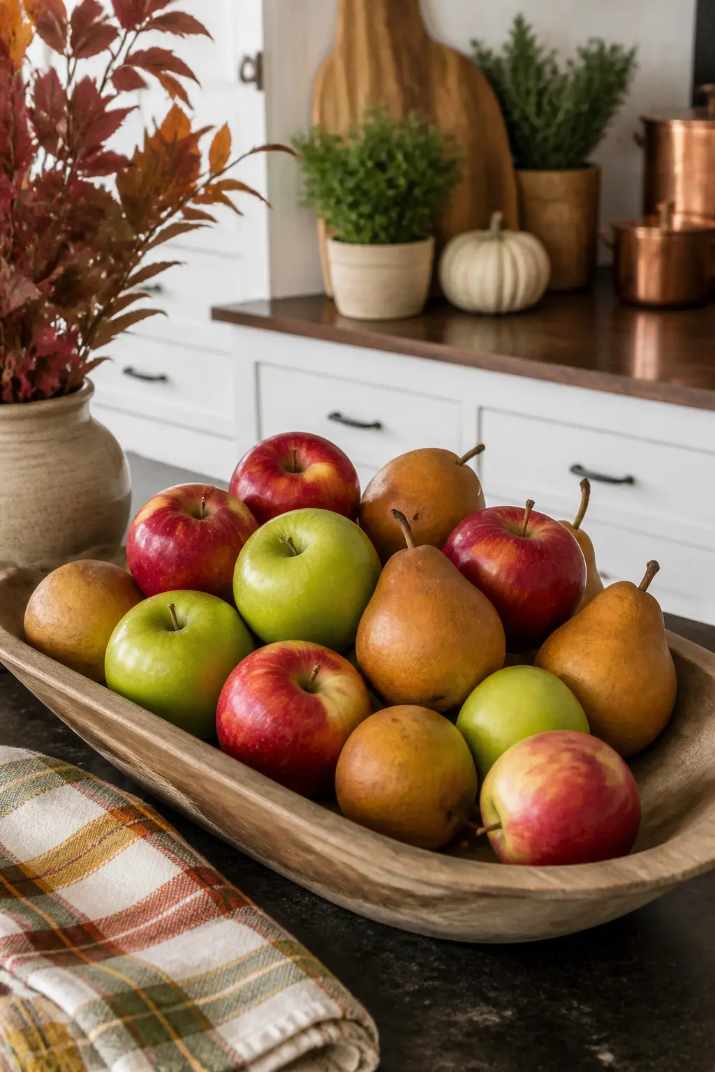 Apples and Pears in a Wooden Bowl