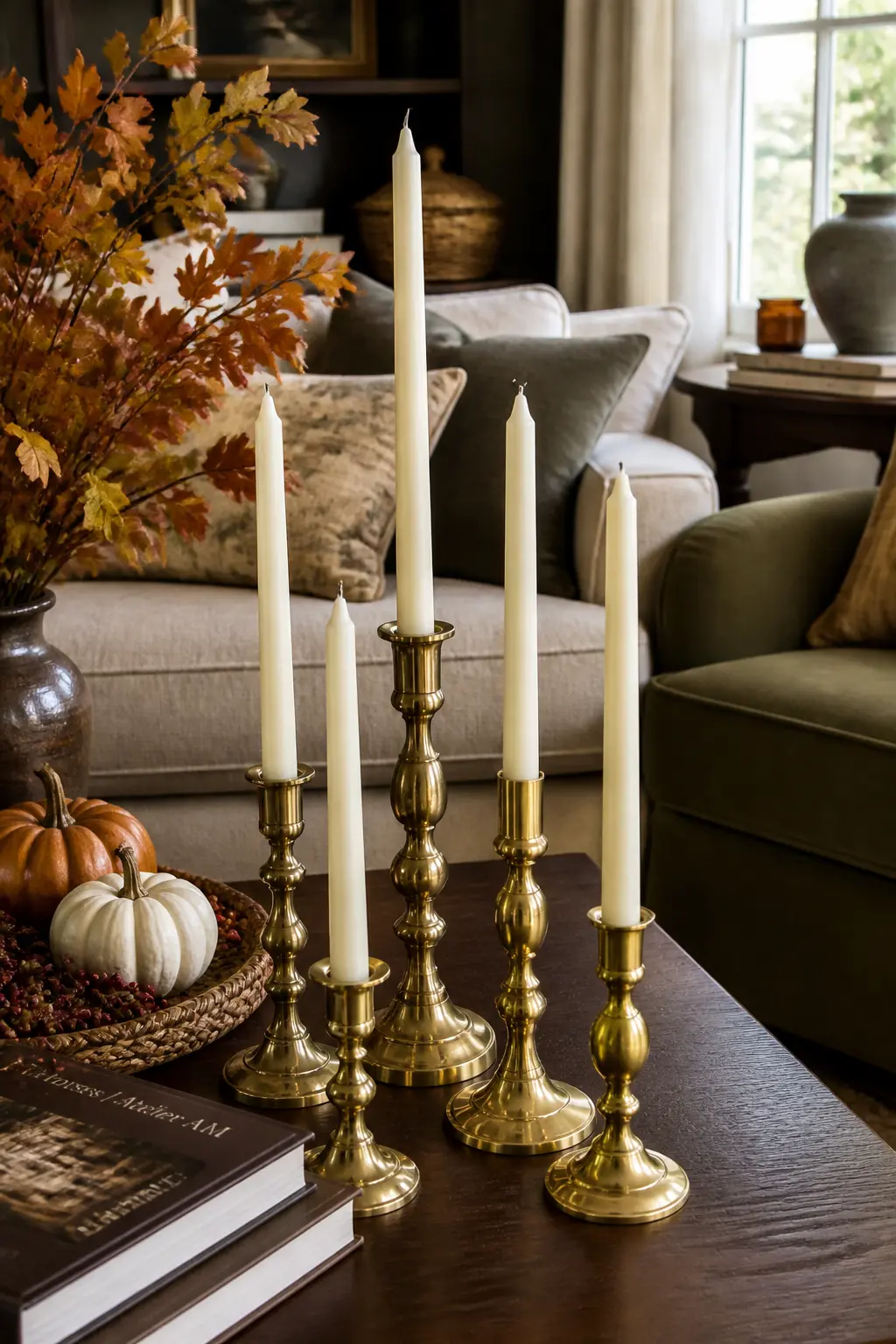 Brass Candle Cluster on the Coffee Table