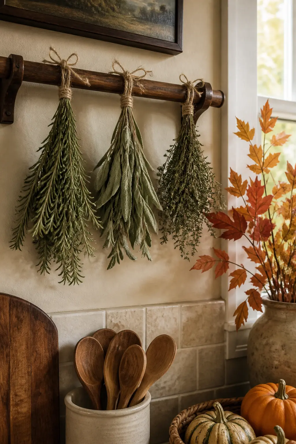 Dried Herb Bundles on a Wall Rack