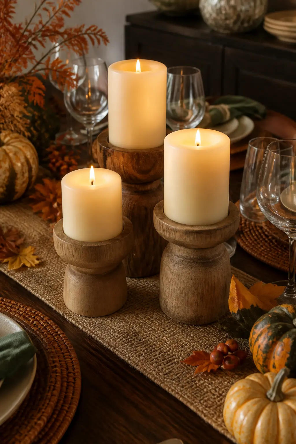 Pillar Candles in Wooden Holders