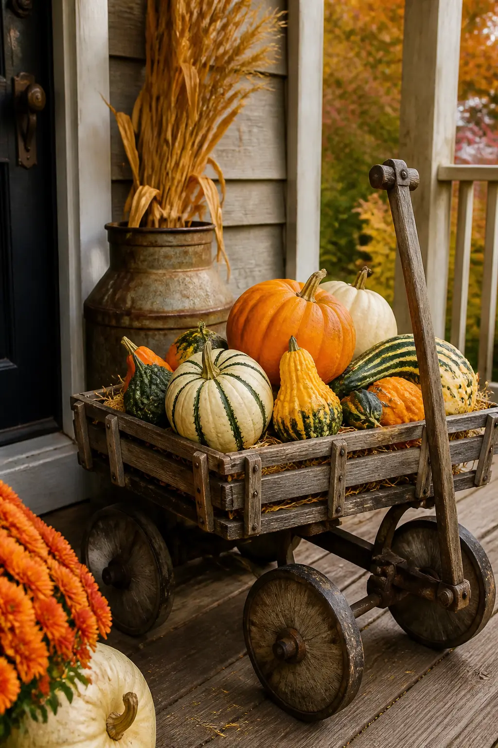 Wooden Wagon Holding Gourds