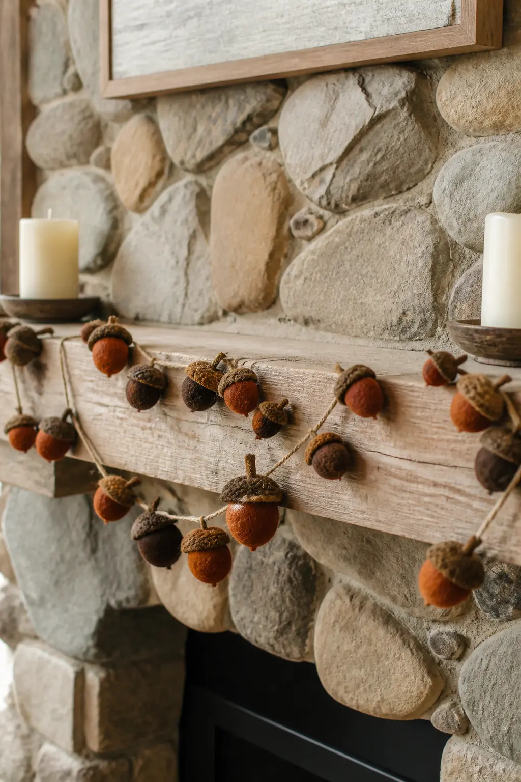 Acorn Cap and Stem Strand — Cut acorn bodies from amber felt and caps from darker brown, then stitch the cap edge with a running stitch in cream thread to
