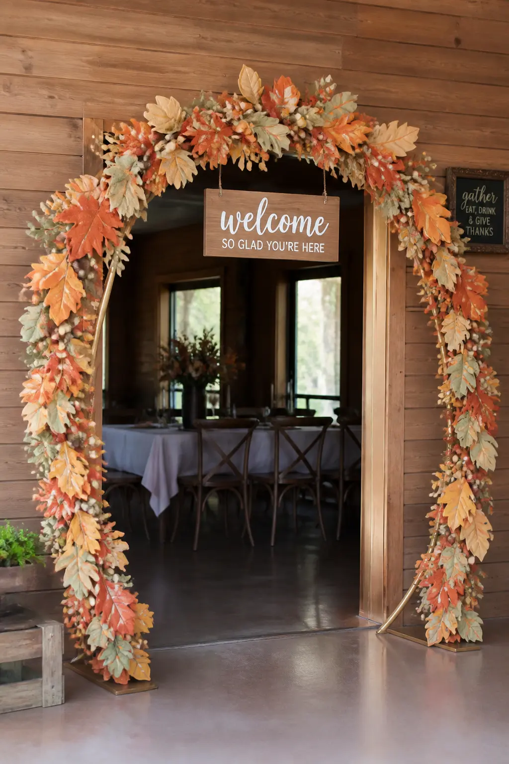 Autumn Harvest Welcome Arch — On a freestanding metal hoop arch, build up three layers of felt garland at different densities: a sparse outer ring of large