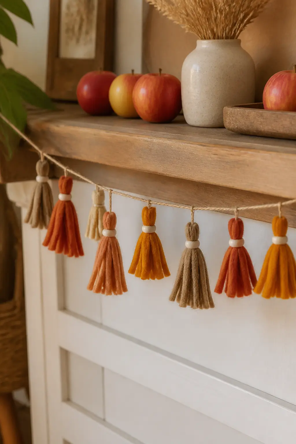 Autumn Spice Tassel Row — Cut felt into narrow strips, bundle ten or twelve strips together, fold the bundle in half and wrap the fold tightly with embroidery