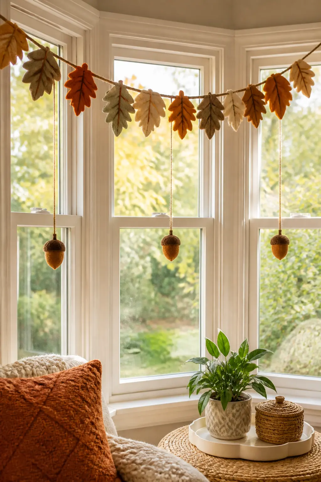 Bay Window Garland with Hanging Acorns — Fit a long strand across all three panels of a bay window and add individual acorns on short drop cords at the