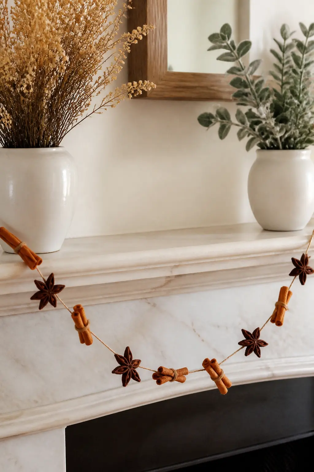 Cinnamon Stick and Star Anise Cluster — Cut cinnamon stick shapes from tan felt, score three or four parallel lines along the length with a bone folder, and
