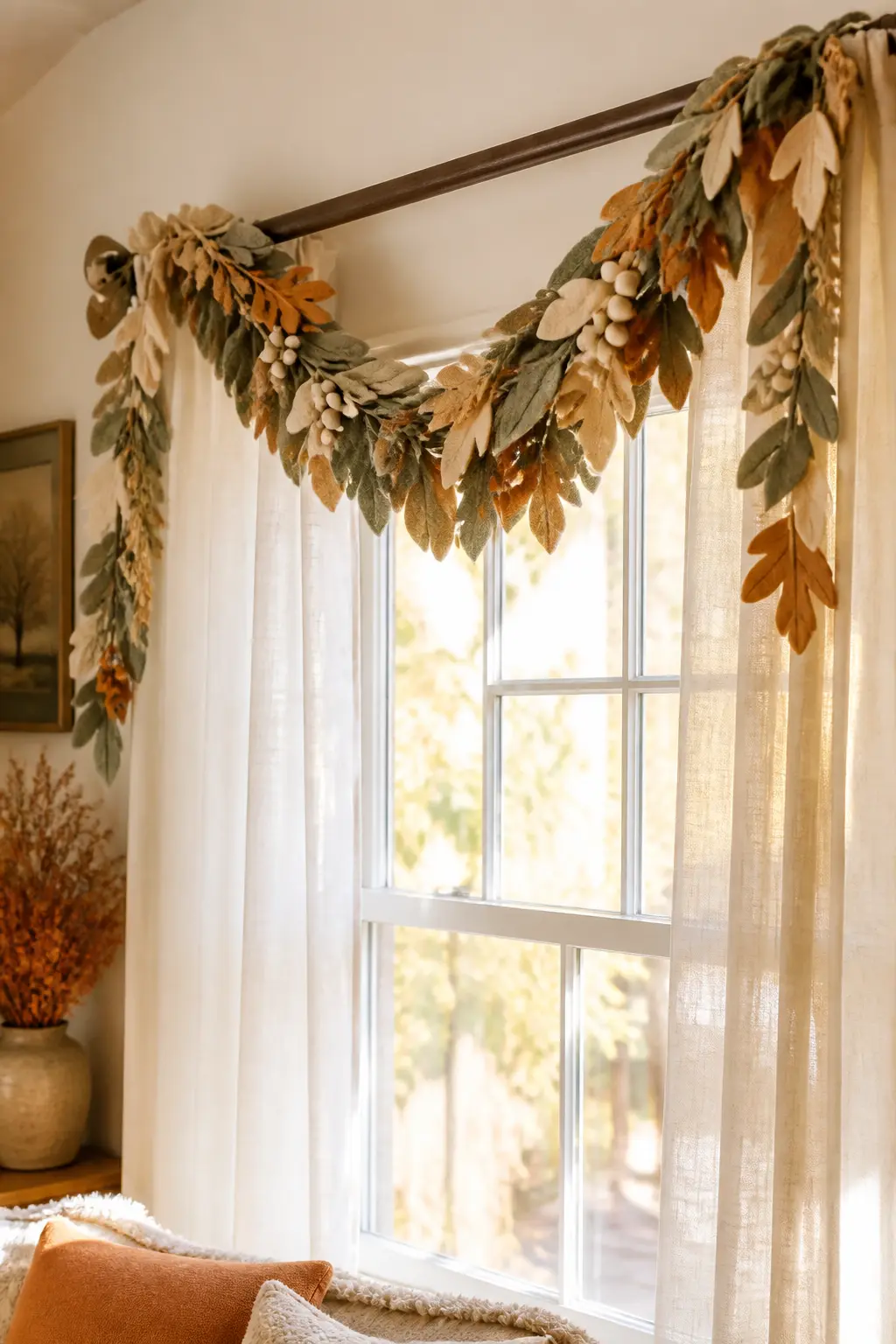 Curtain Rod Swag With Dried-Look Botanicals — Cut leaves with slightly crinkled edges, achieved by pressing cut felt shapes briefly under a warm iron over a