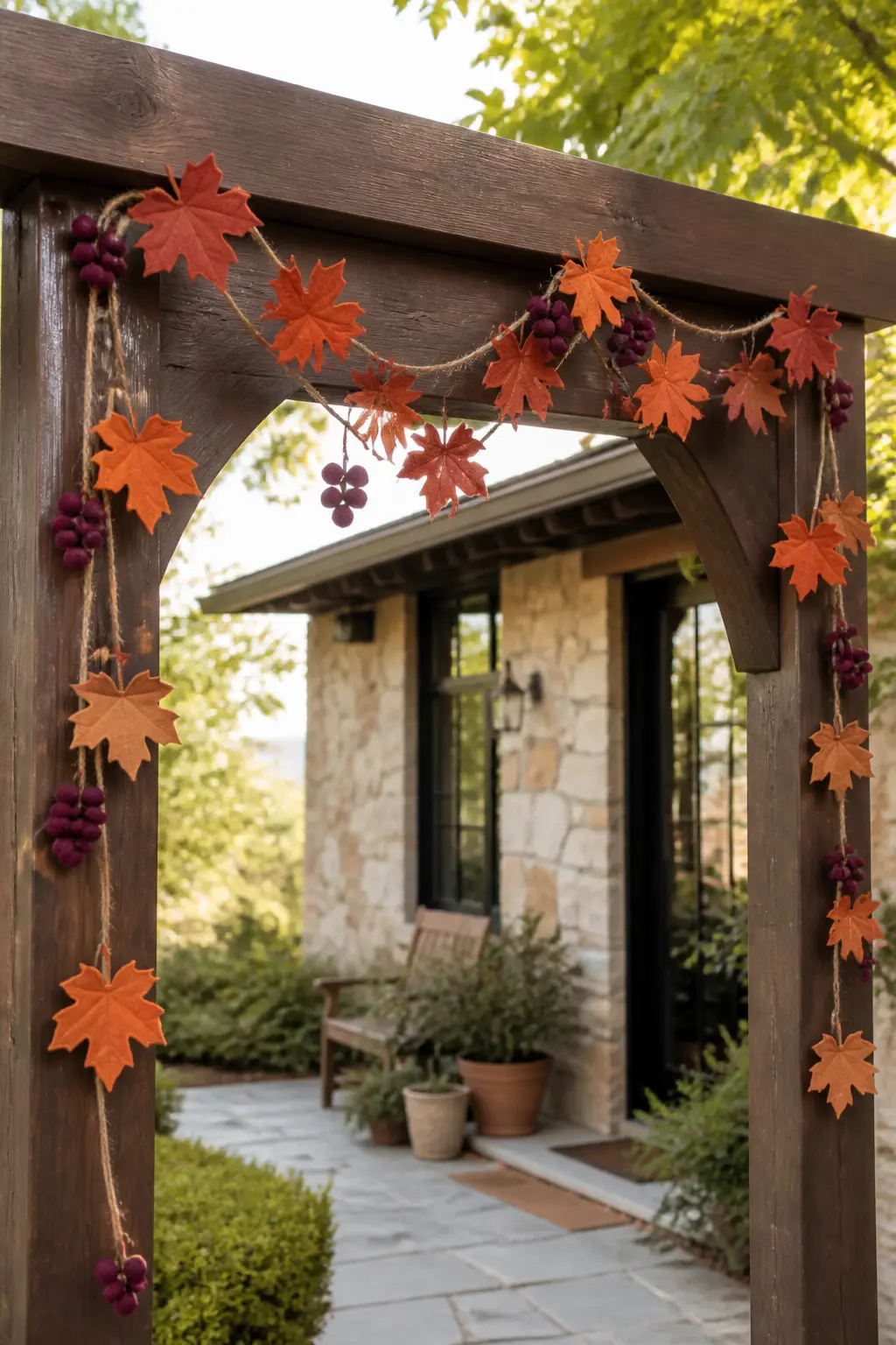 Foliage-and-Berry Mixed Arch — Combine pointed maple leaves in rust and amber with small round berries cut from deep plum felt. Fall felt garland