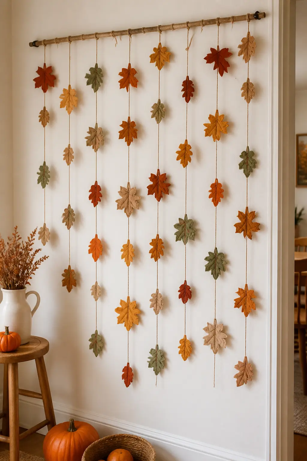 Layered Leaf Backdrop Curtain — Run eight to ten vertical strands from a ceiling-mounted dowel rod, each strand carrying leaves at randomised heights rather