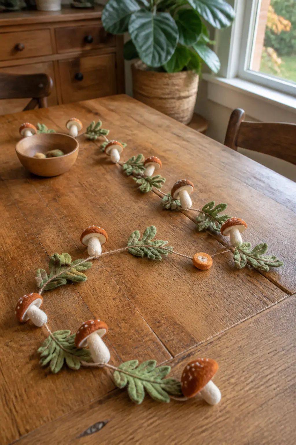 Mushroom and Moss Strand — Cut mushroom caps from warm caramel felt and stems from cream, adding small polka-dot spots in white thread. Fall felt garland