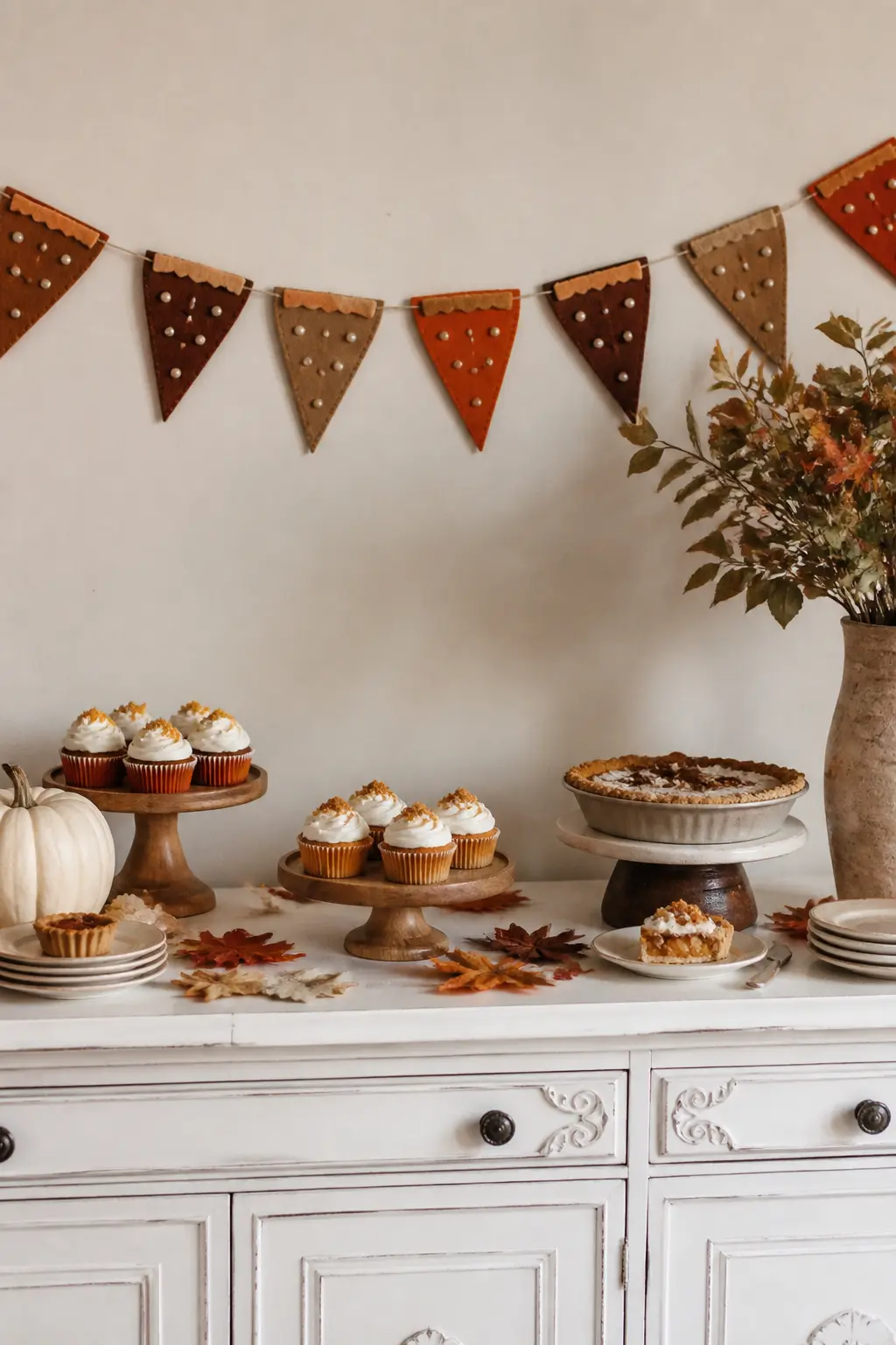 Pie Slice Bunting for the Dessert Table — Cut triangles in the proportions of a generous pie slice and add a scalloped strip of tan felt across the wide end to