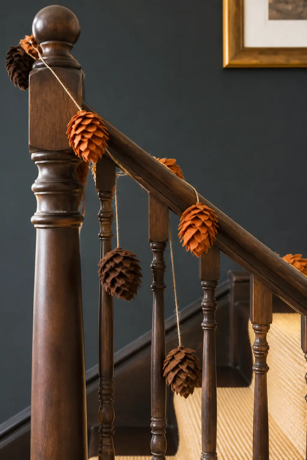 Pinecone Silhouette Spiral — Cut pinecone shapes from dark brown felt using a template of overlapping scale marks scored in with a bone folder. Fall felt