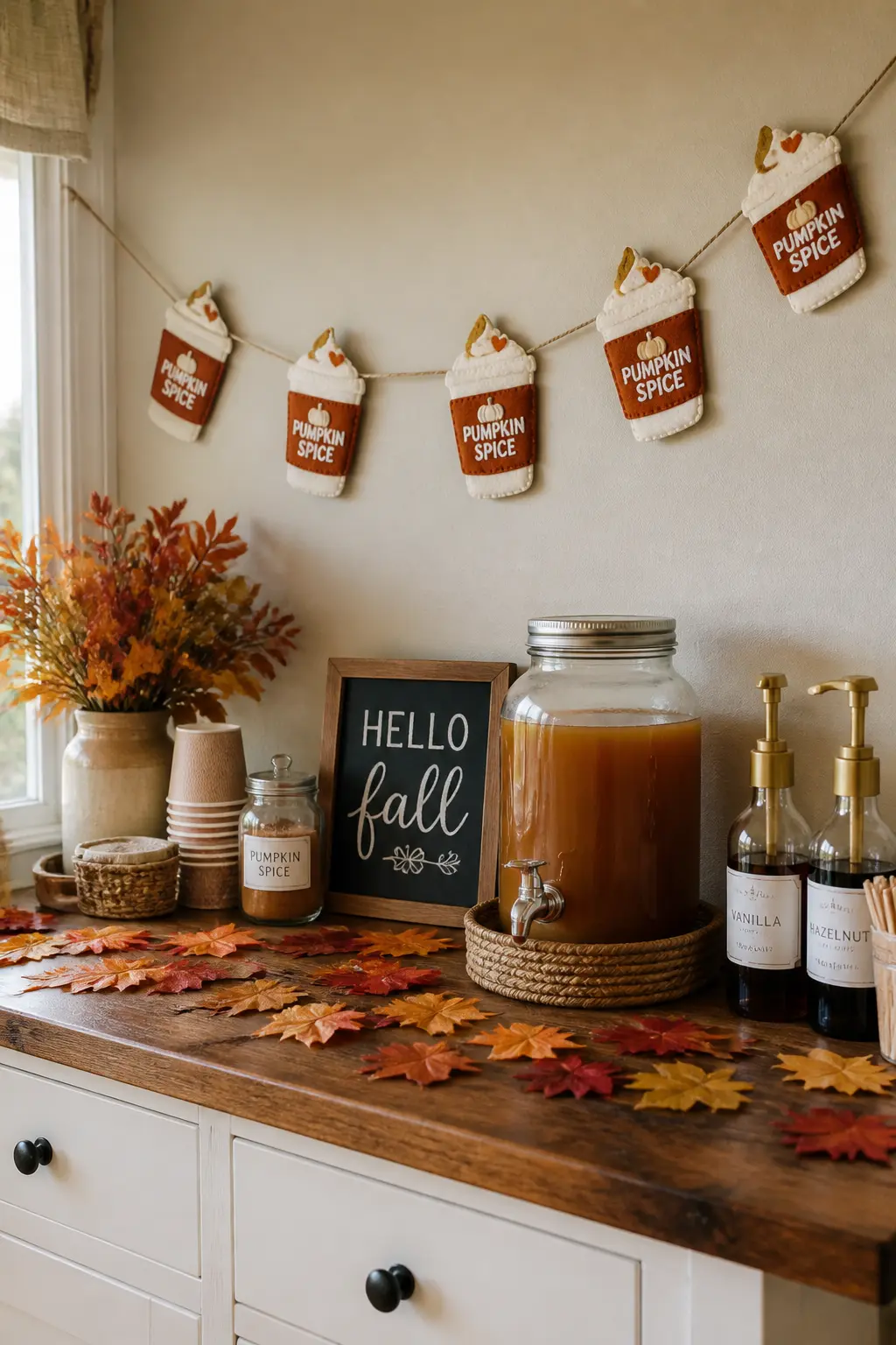 Pumpkin Spice Coffee Cup Banner — Cut takeaway coffee cup shapes from deep rust felt with a white cloud of foam at the top and a cinnamon stick detail in