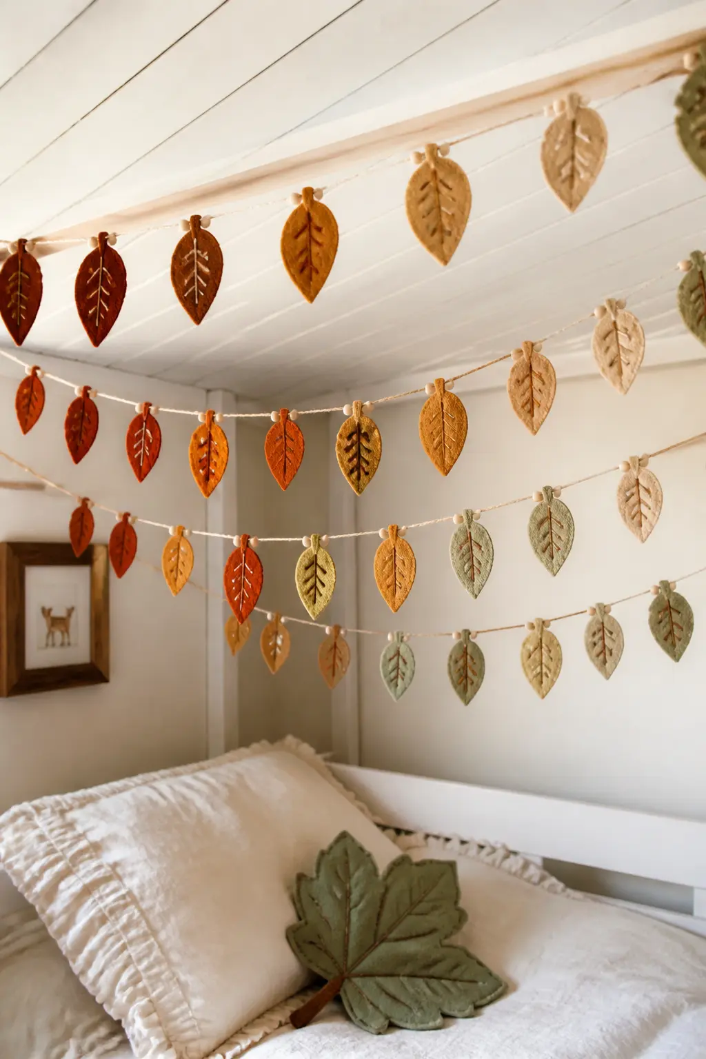 Rainbow Stacking Leaf Canopy — Run four parallel strands at slightly different heights across the width of a child's ceiling canopy frame, each strand carrying