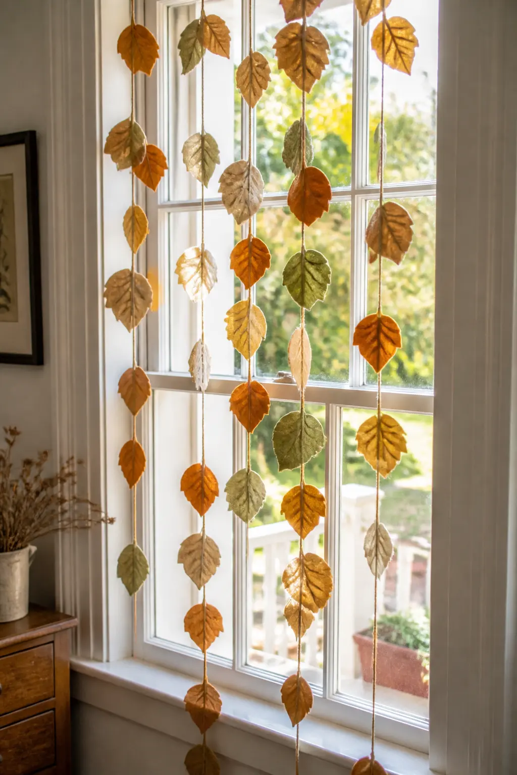 Sheer Amber Leaf Window Cascade — Use the thinnest available wool-blend felt in pale amber and sand for this one, because it transmits afternoon light. Fall