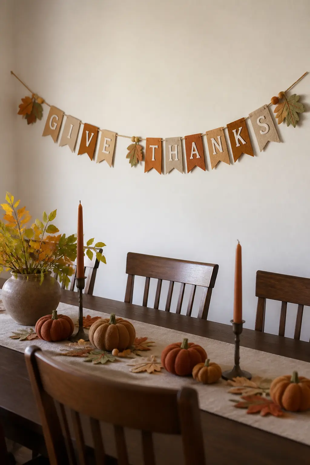 Thankful Message Flag Strand — Cut rectangular flags from sand and caramel felt, two for each word, and iron-transfer or hand-stitch one letter per flag. Fall