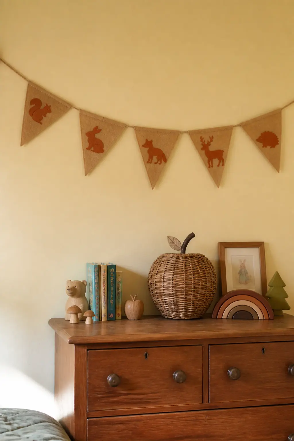 Woodland Animal Silhouette Pennant — Cut small pennant triangles from warm sand felt and applique a simple woodland animal silhouette onto each one: a fox