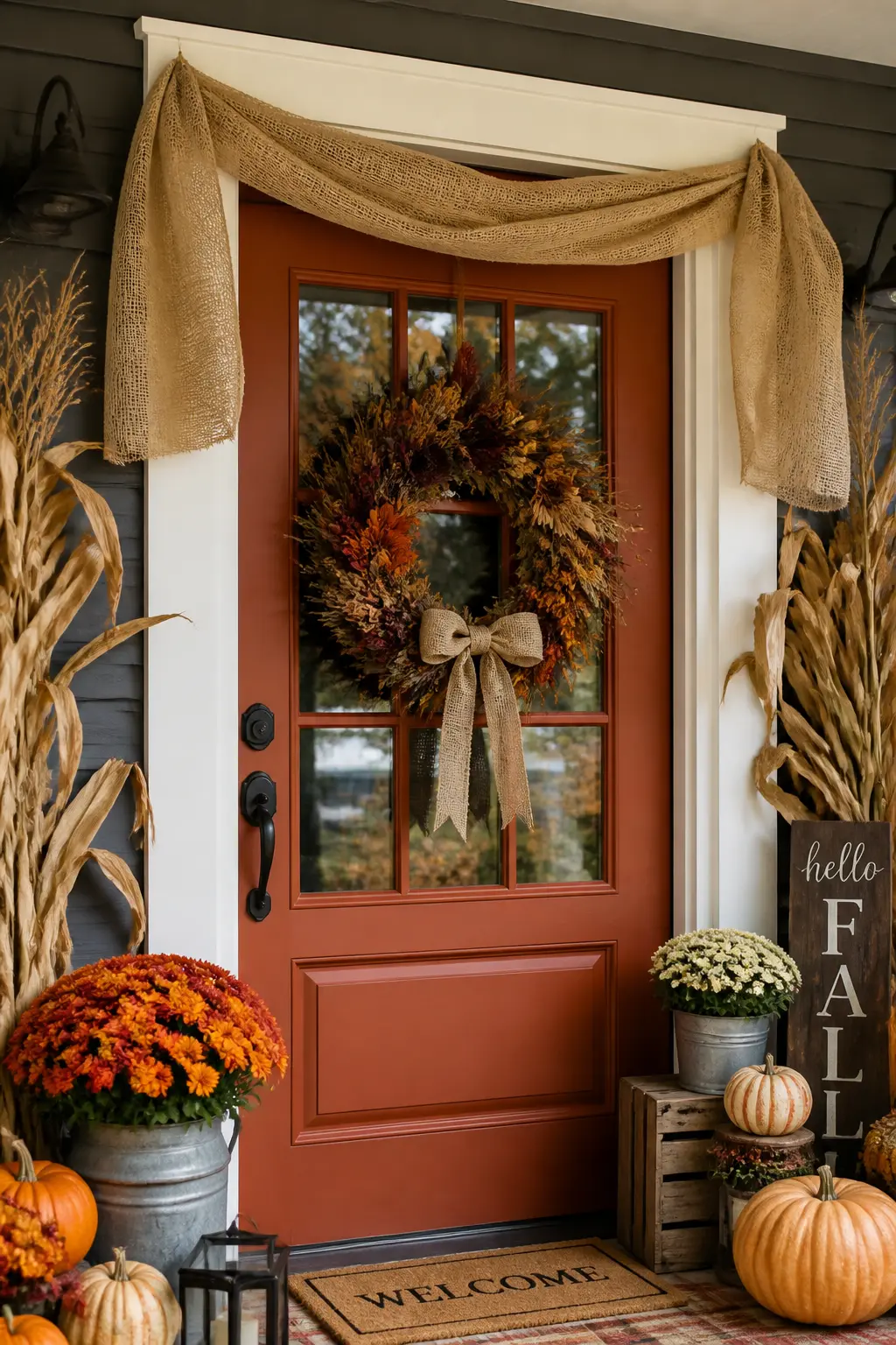 Burlap Runner Draped Across the Top of the Door Frame