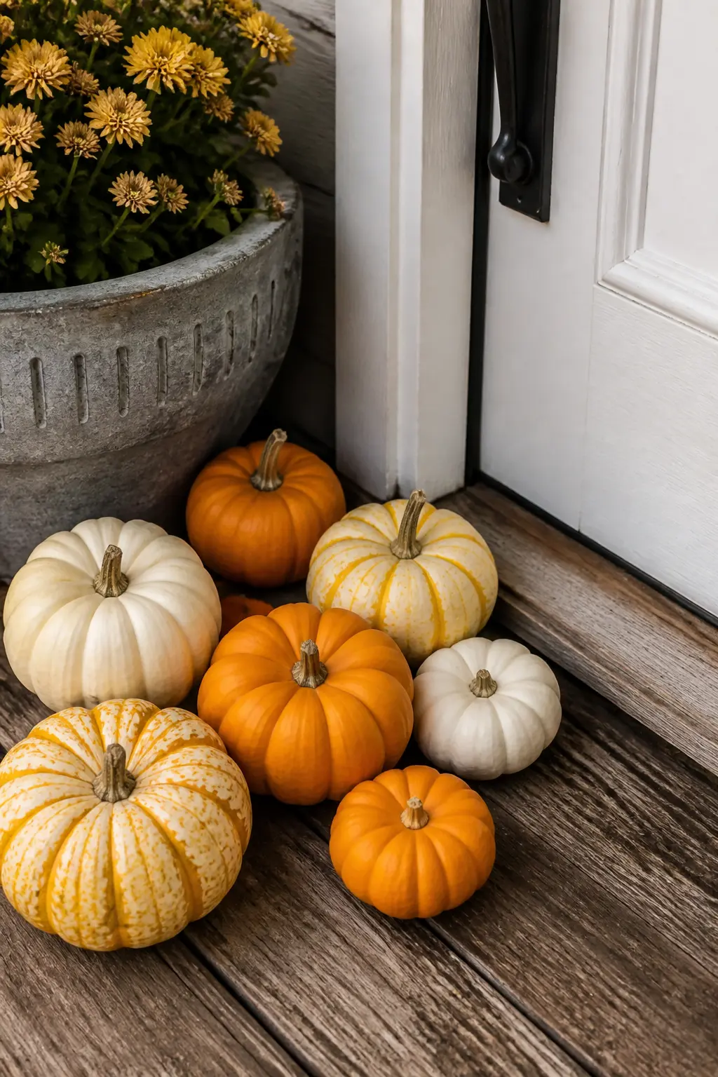 Cluster of Mini Pumpkins Along the Door Threshold