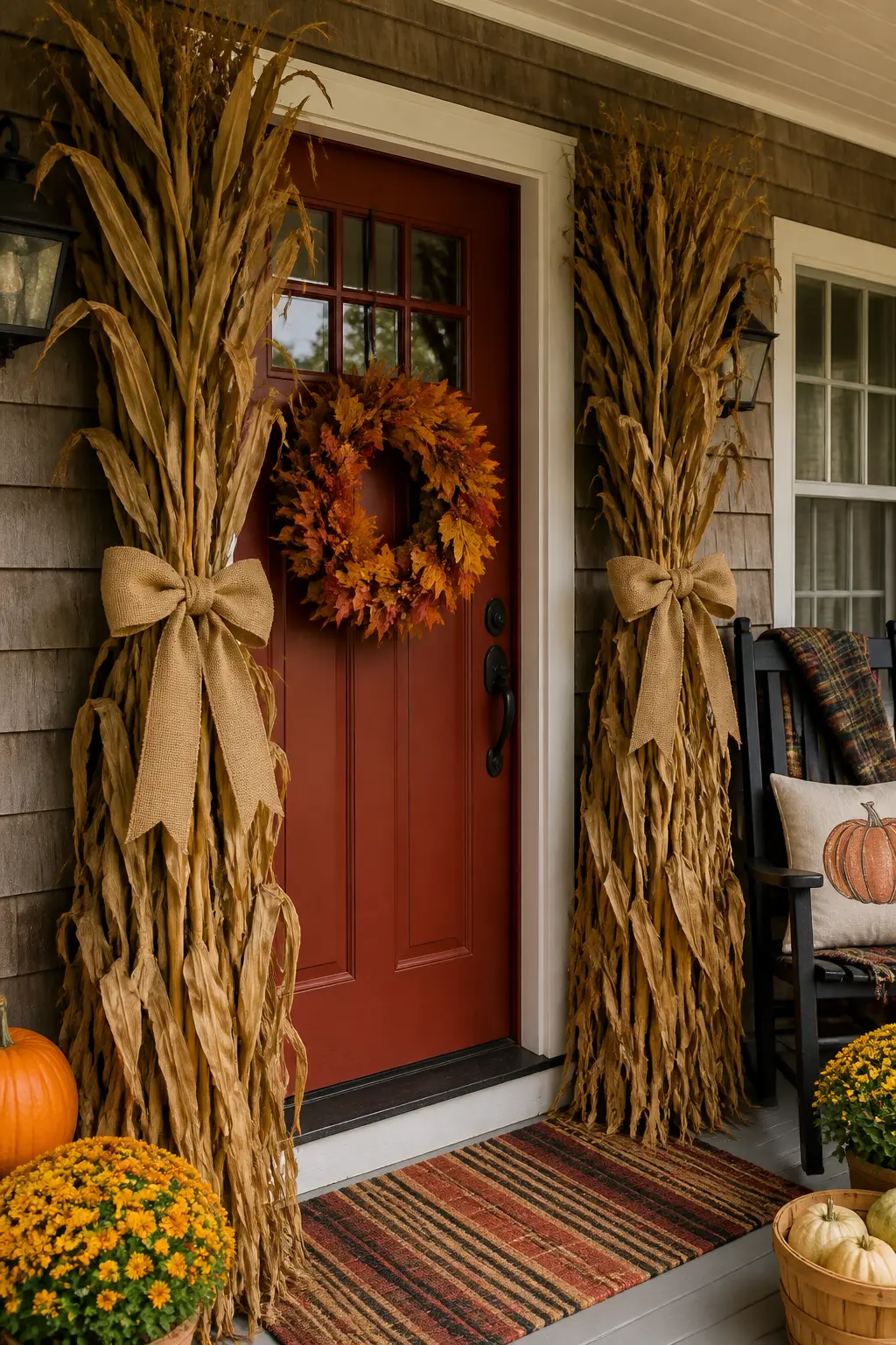 Corn Stalk Bundles Tied at Both Door Corners