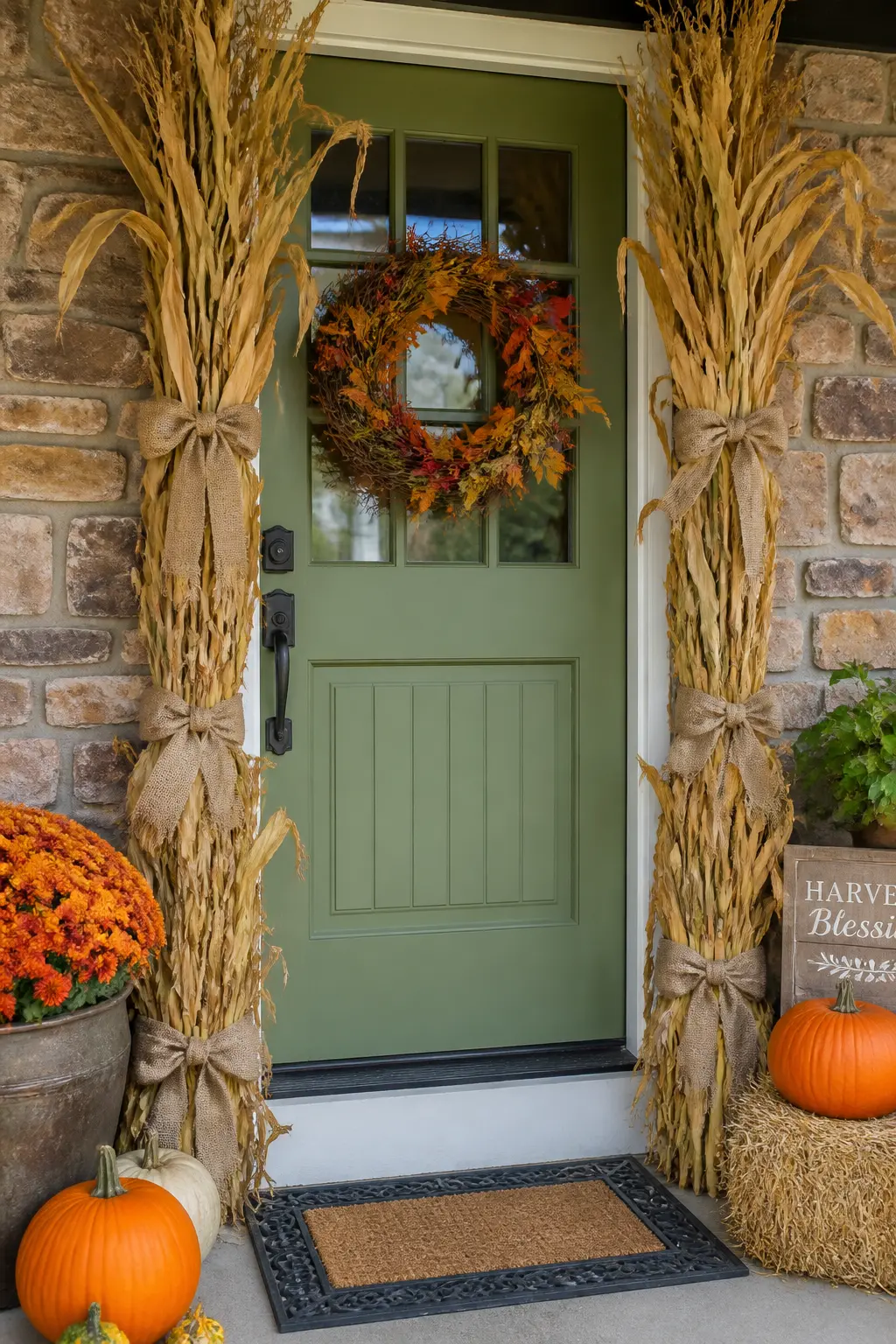 Doorway Framed With Corn Stalks Tied in Burlap Ribbon