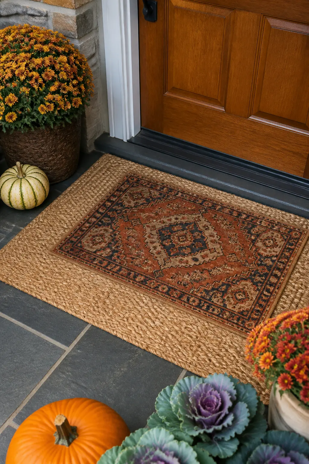 Layered Doormats: Jute Under a Smaller Patterned One