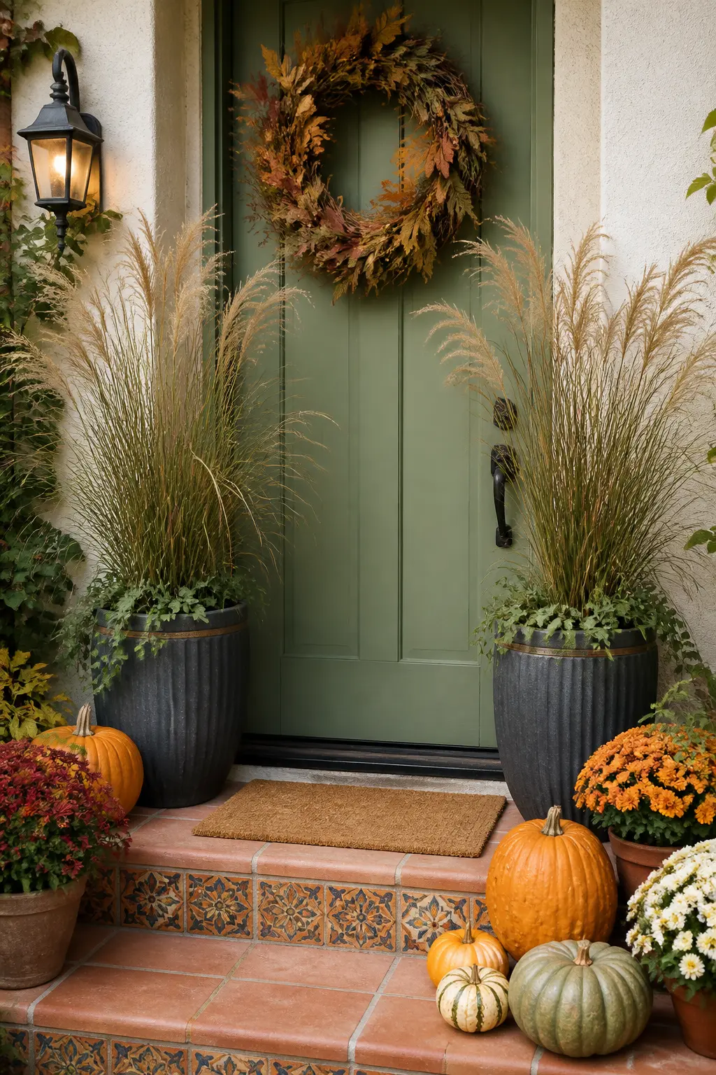 Matching Planters Flanking the Entry With Ornamental Grasses