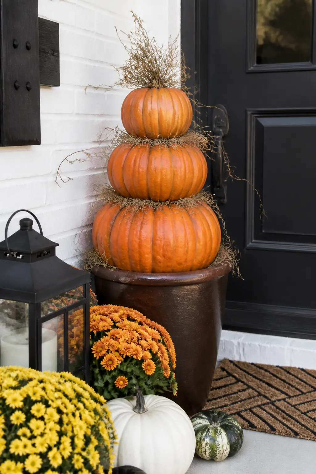 Pumpkin Topiary Stacked in a Tall Planter