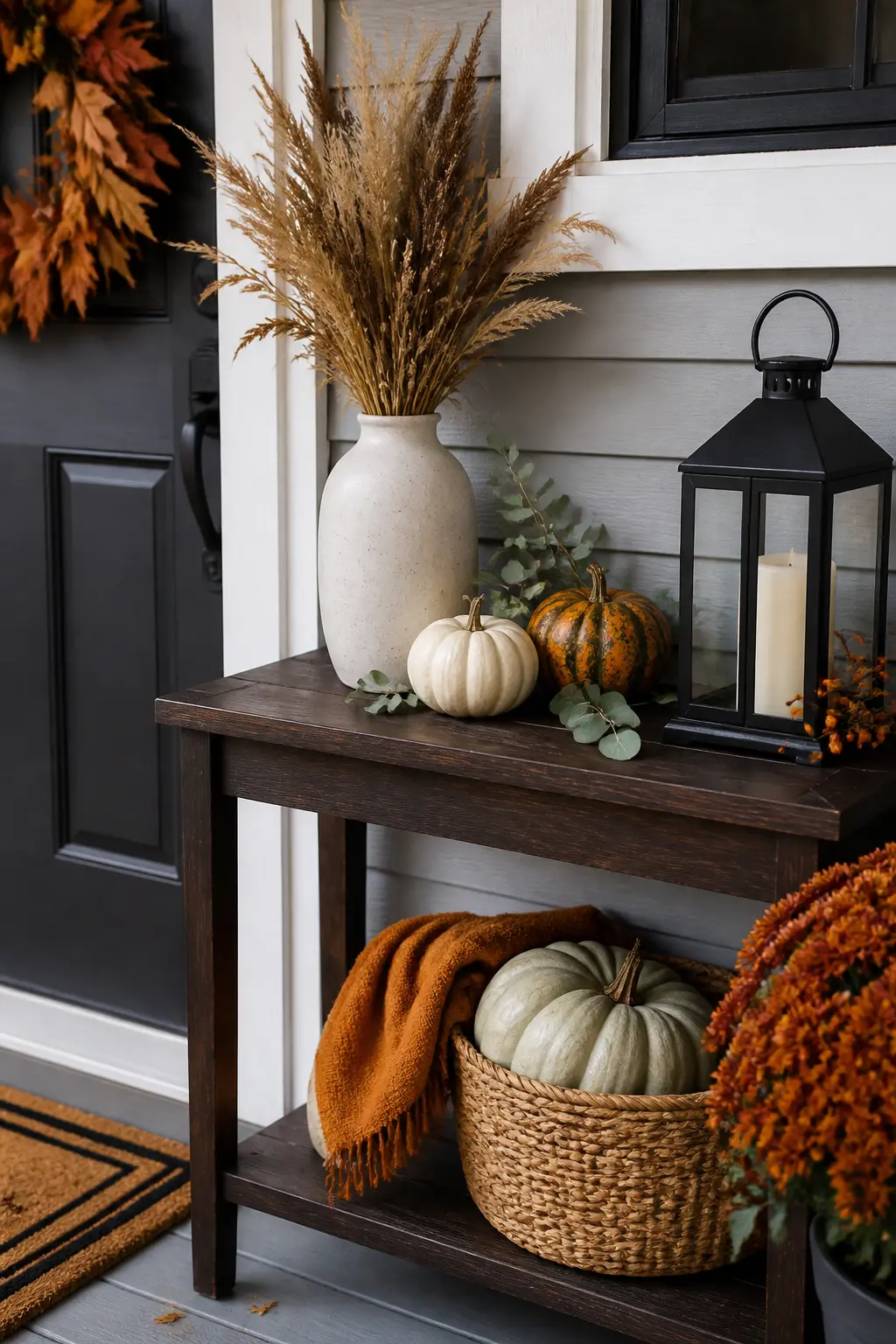 Slim Console Table Against the Wall With a Seasonal Vignette