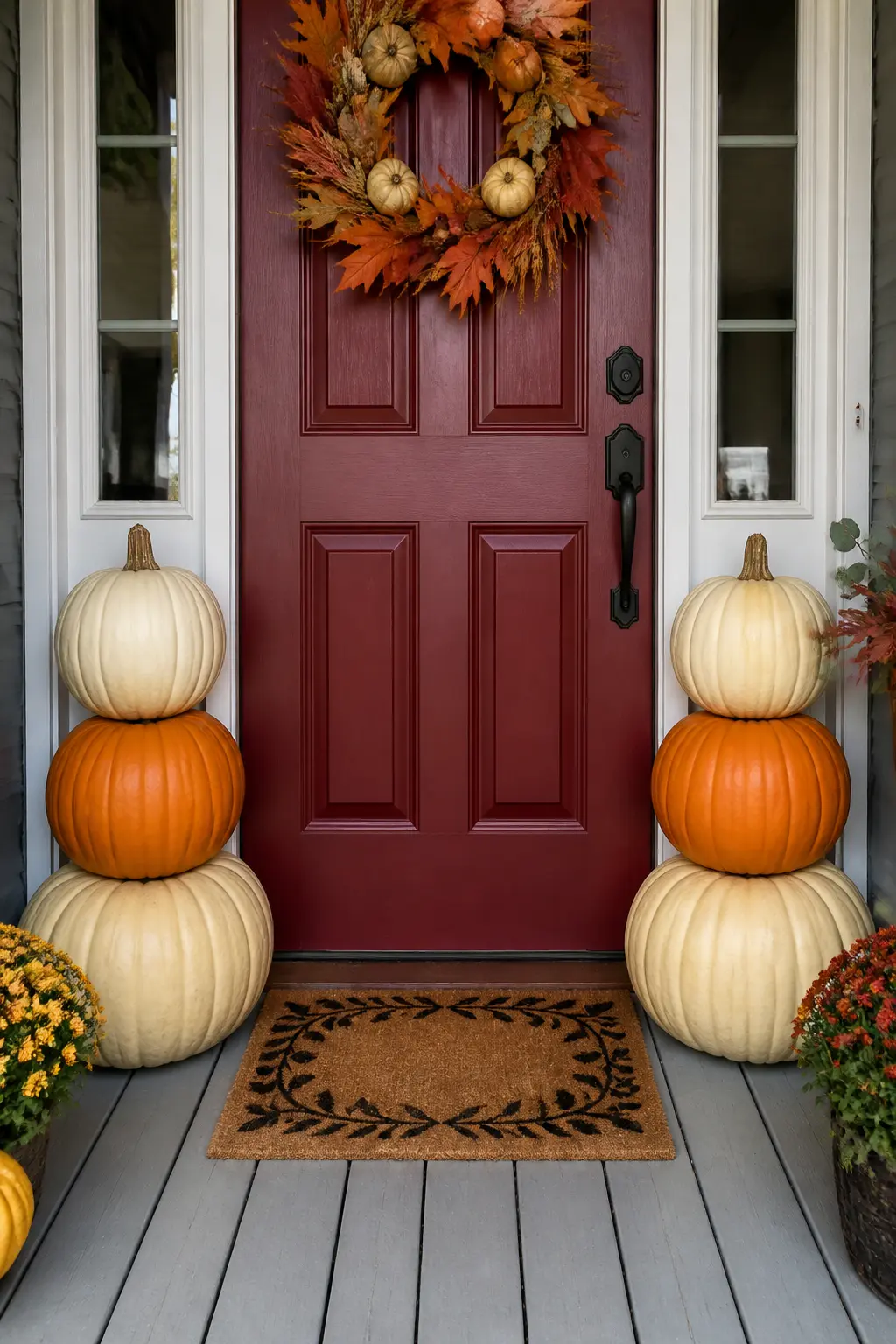 Symmetrical Pumpkin Stacks on Both Sides of the Door