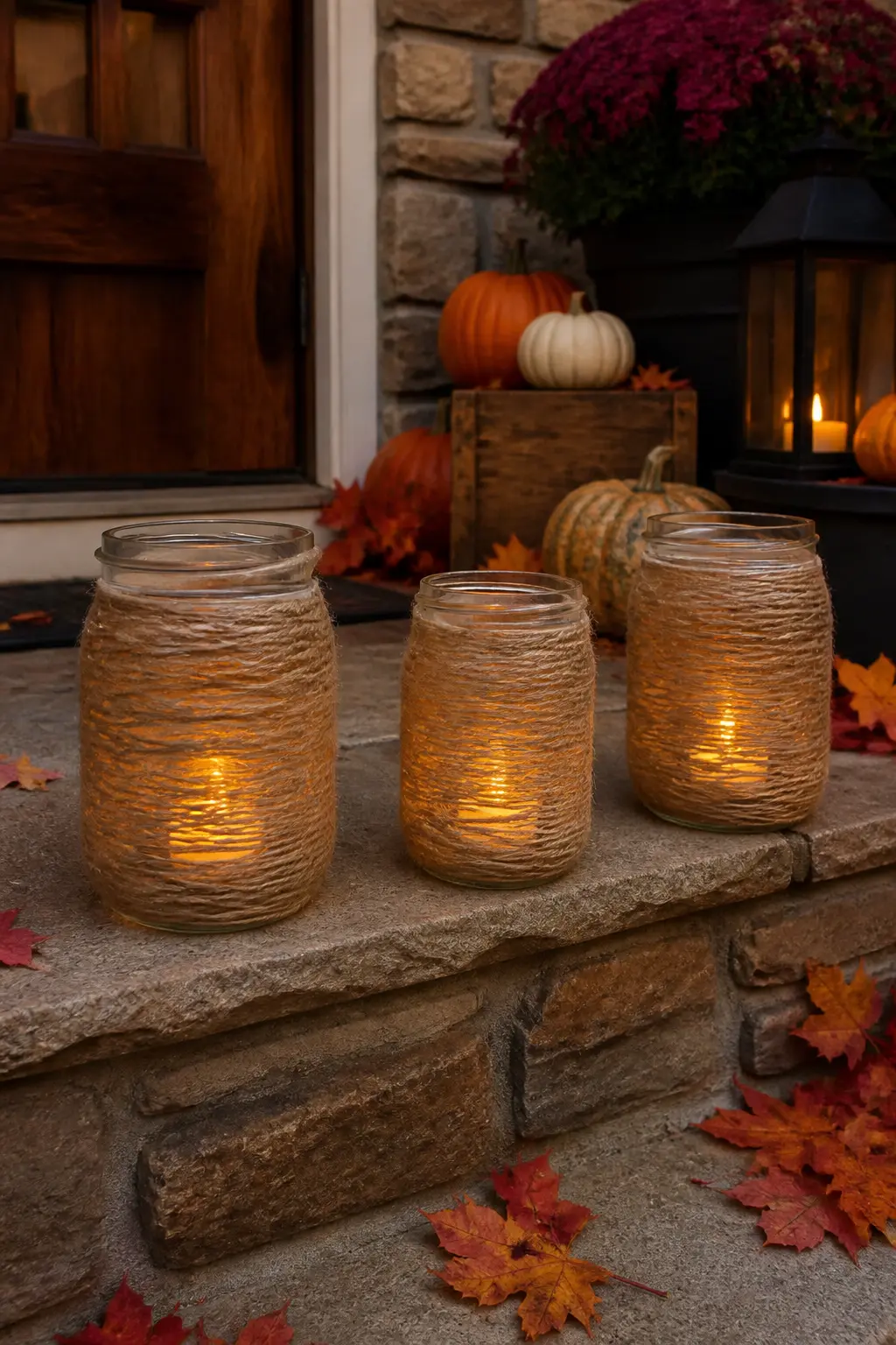 Twine-Wrapped Jar Lanterns on the Step Edge